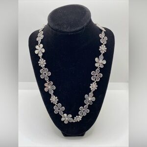 Premier Designs Daisy Flower Chain Silver Tone Necklace Clear Rhinestones 36"